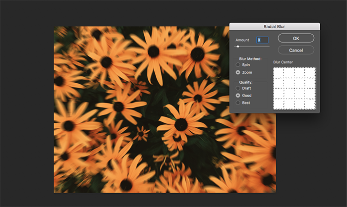 Una captura de pantalla de la recreación del efecto de zoom en Photoshop