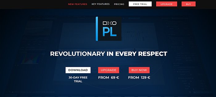 Captura de pantalla de la página web de prueba gratuita del software de edición de fotos Dxo PhotoLab 4