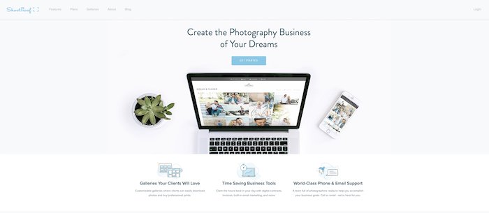 una captura de pantalla del sitio web de Shootproof: herramientas comerciales de fotografía