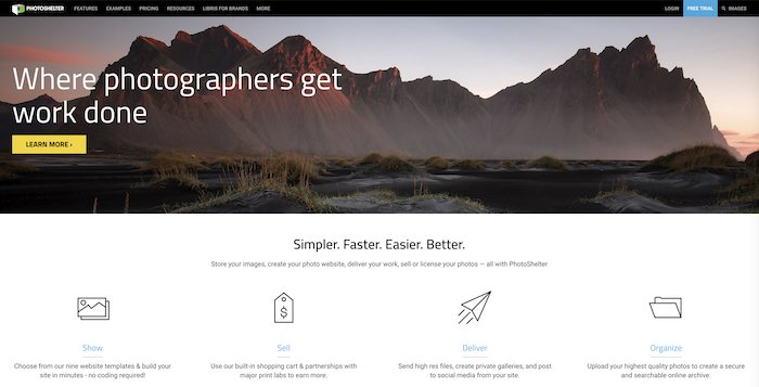 una captura de pantalla del sitio web de Photoshelter - herramientas de negocios de fotografía