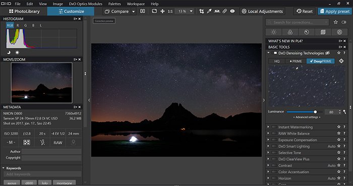Captura de pantalla de la función de eliminación de ruido de Dxo PhotoLab 4 llamada tecnología DeepPrime