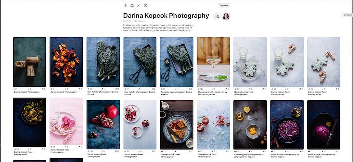 Captura de pantalla del tablero de pinterest de un fotógrafo