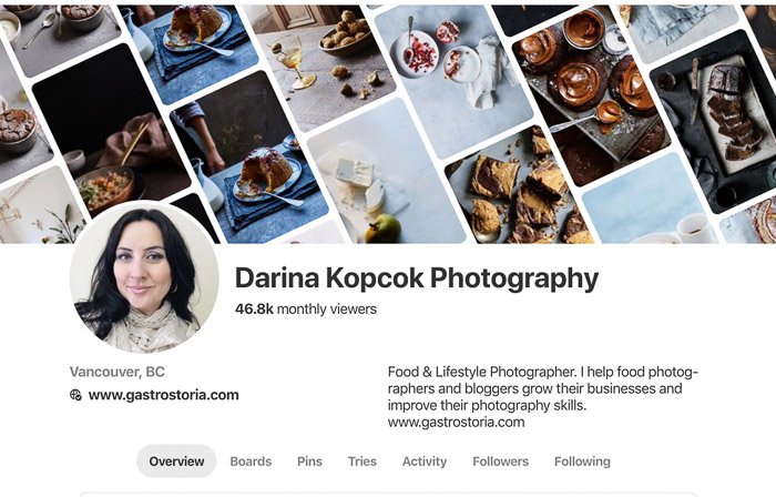 Captura de pantalla del tablero de pinterest de un fotógrafo