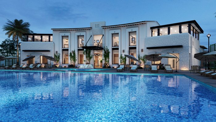 Exterior de una lujosa casa con piscina