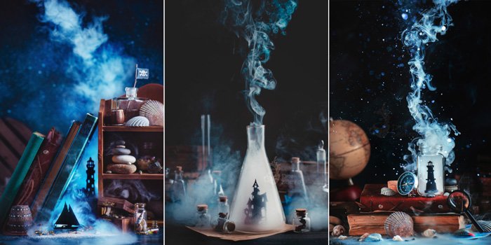 Tríptico de fotografía de bodegones atmosféricos y místicos con pequeños personajes recortados con humo ondeando alrededor