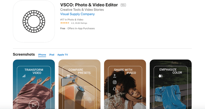 Una captura de pantalla de la aplicación VSCO