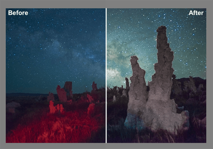 díptico de astrofotografía antes y después de editar con Milky Way Lightroom Presets de Gavin Hardcastle