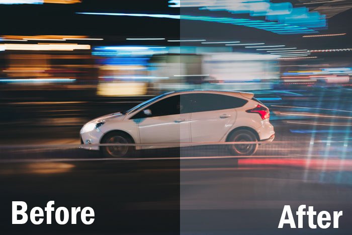 toma de acción de un automóvil a toda velocidad por la noche, pantalla dividida que muestra antes y después de la edición con ajustes preestablecidos de deportes de Lightroom